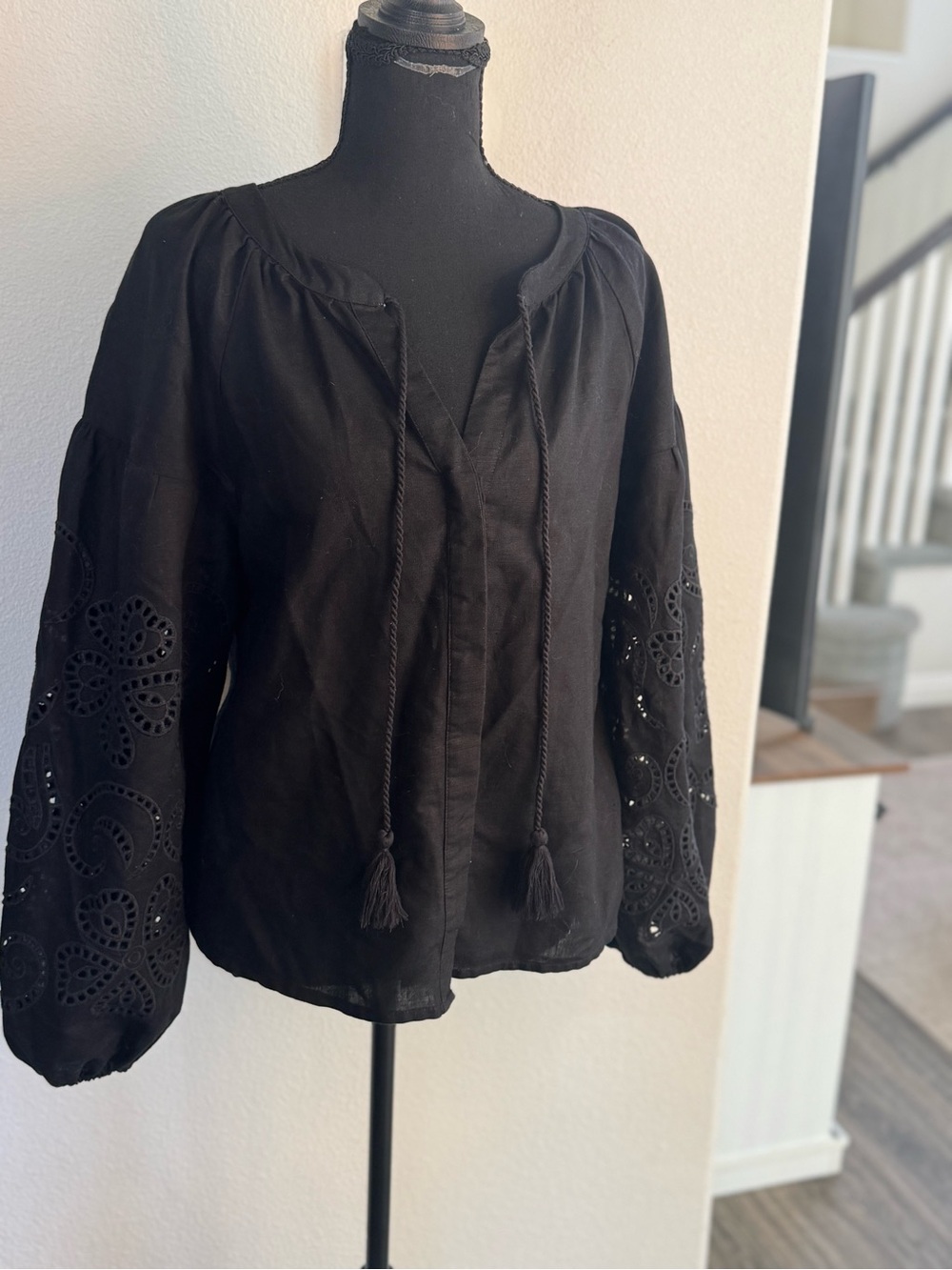 INC Black Eyelet Embroidered Balloon Sleeve Blouse Size S